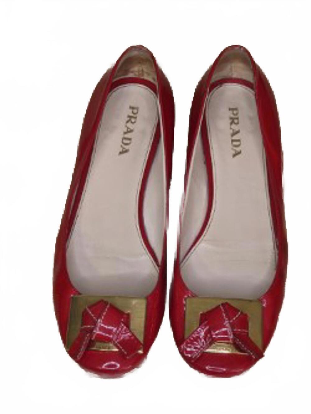 Prada Red Patent Leather Flats with Gold Buckle Detail